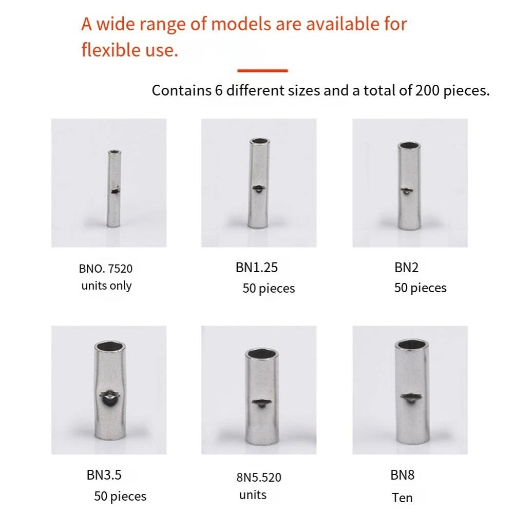 200PCS Non Insulated Butt Connectors for Auto Wire Crimp Terminals