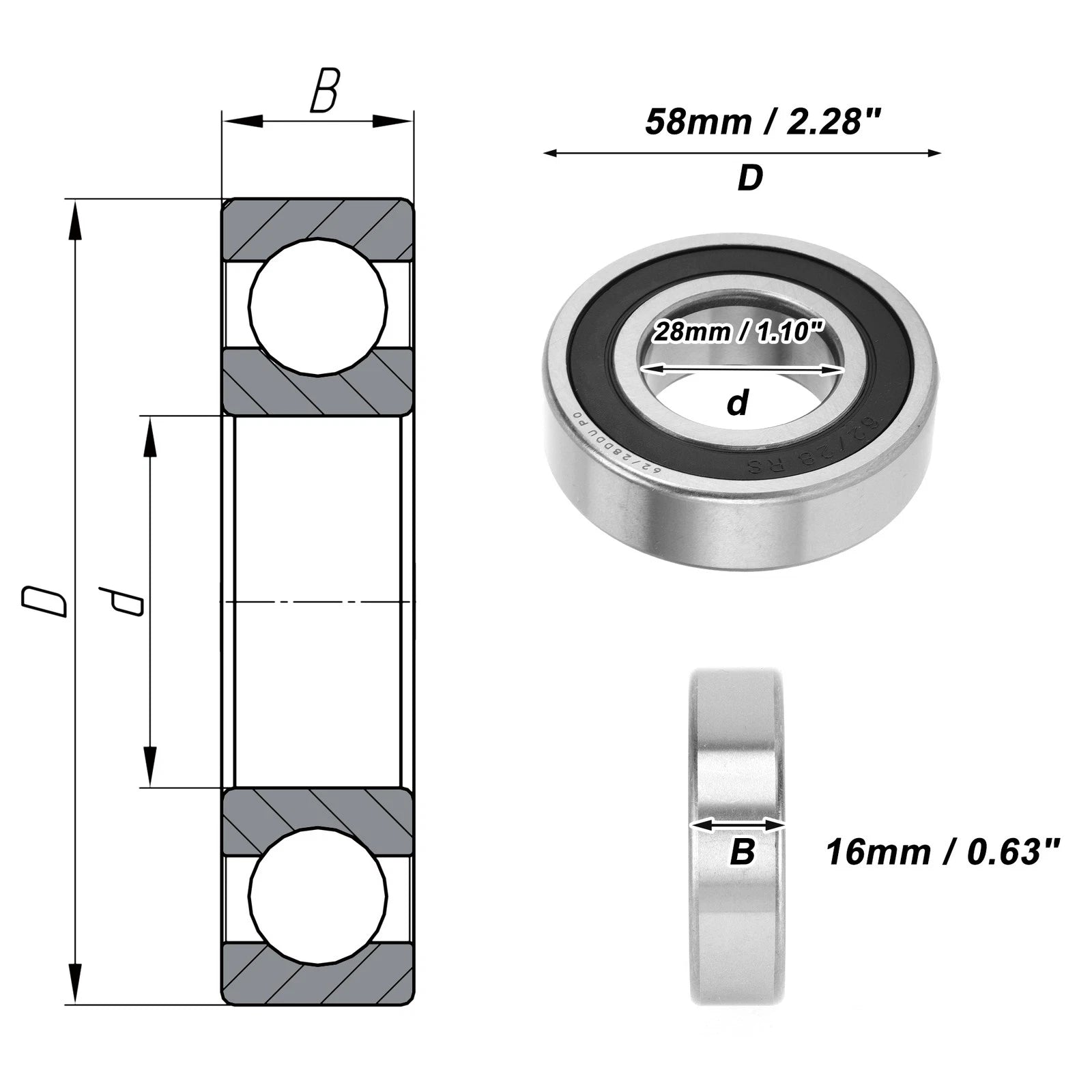 1 Pc 62/28DDU Deep Groove Ball Bearing for Scooter Skateboard (28x58x16mm)