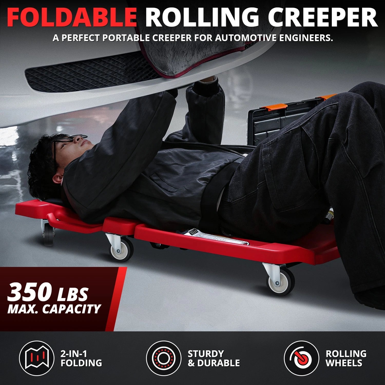 Foldable Roller Garage Shop Creeper 21.6" x 41.1" 350LBS Capacity