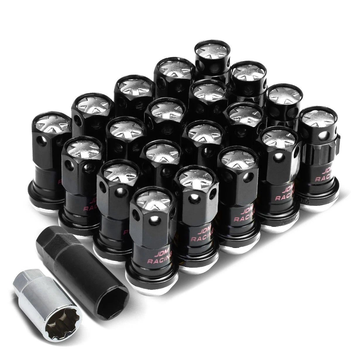 Set of 16 Aluminum Silver Rim Lock Nuts + Adapter M12x1.5 for