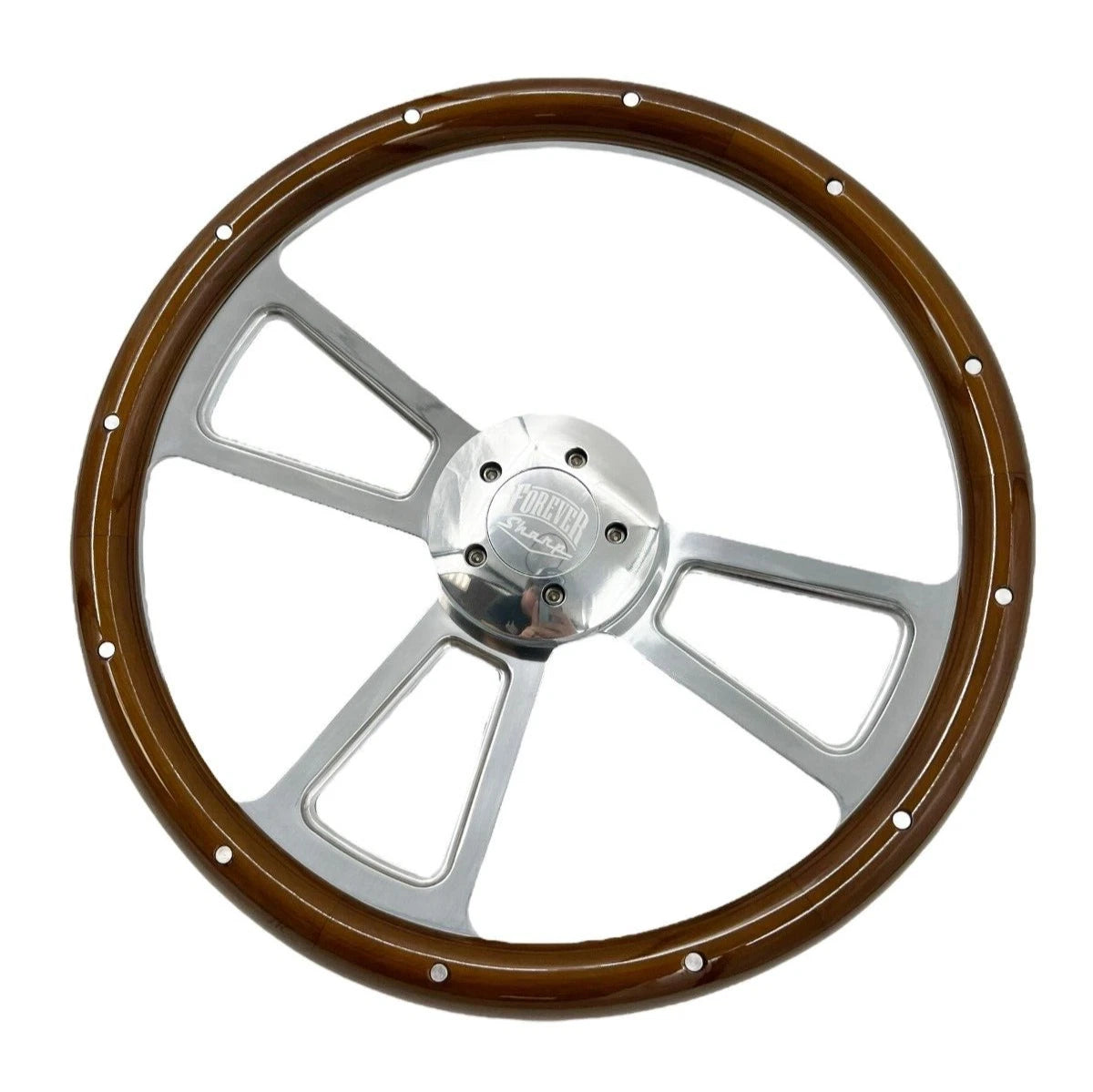 Polished 5 Spoke Steering Wheel Dark Wood Wrap with Rivets for Peterbilt Kenworth (2010–2025)