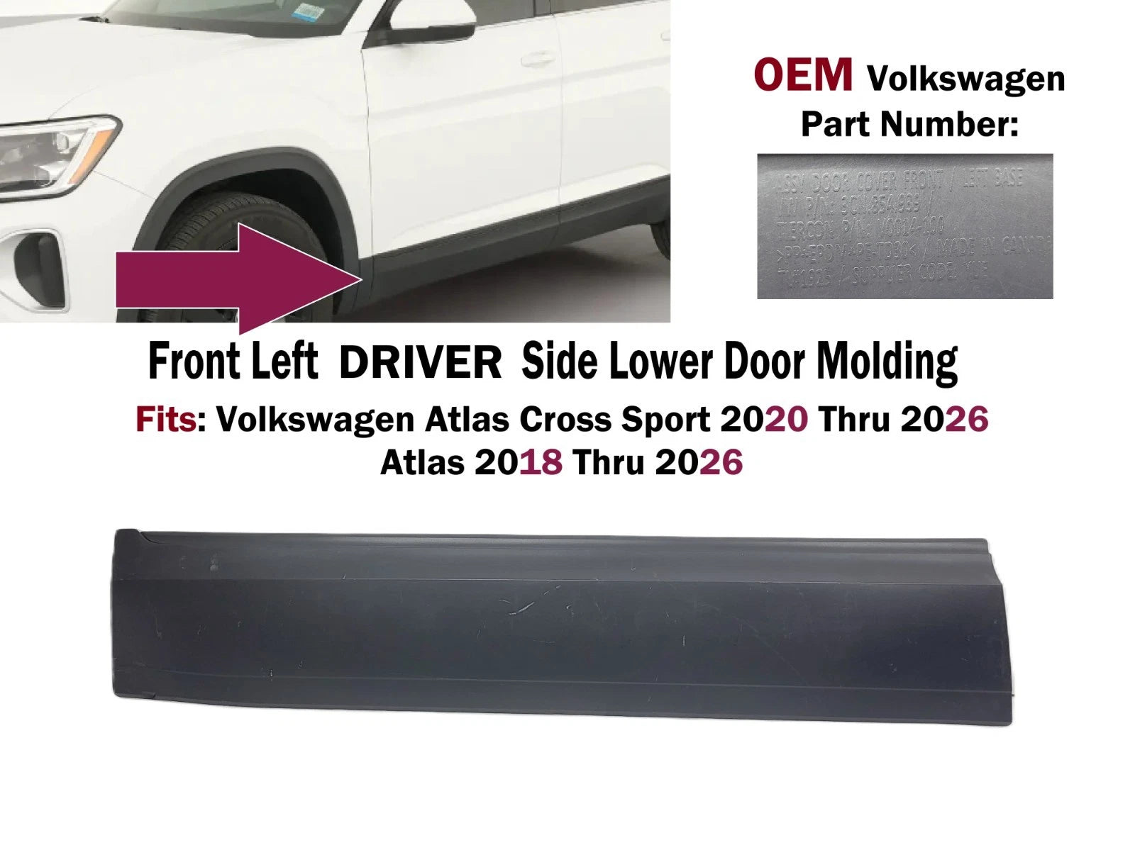 Front Left Lower Door Molding for Volkswagen Atlas Cross Sport (2018–2026) 3CN854939F9B9