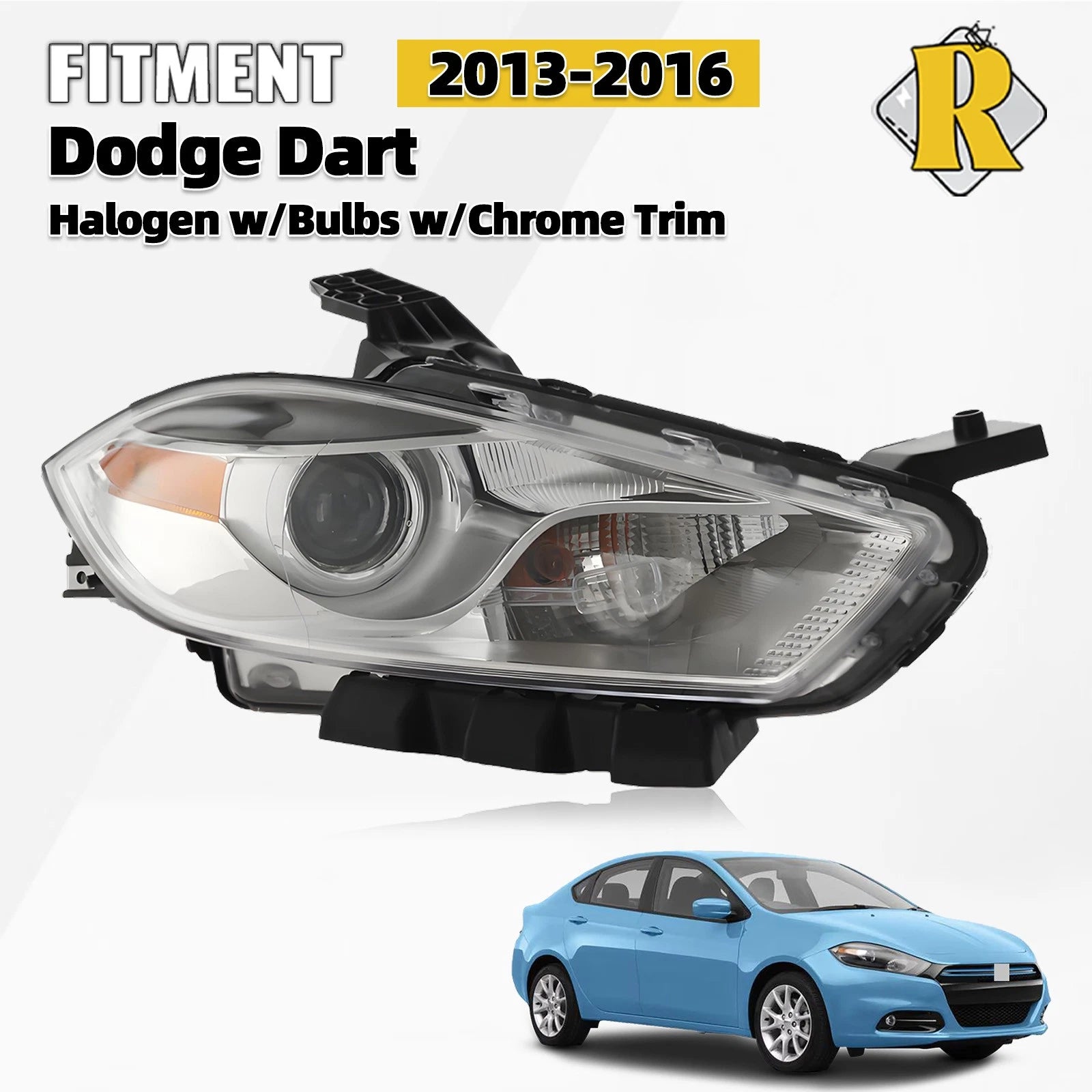 Halogen Headlight for Dodge Dart (2013–2016) Right Side w/Chrome Trim