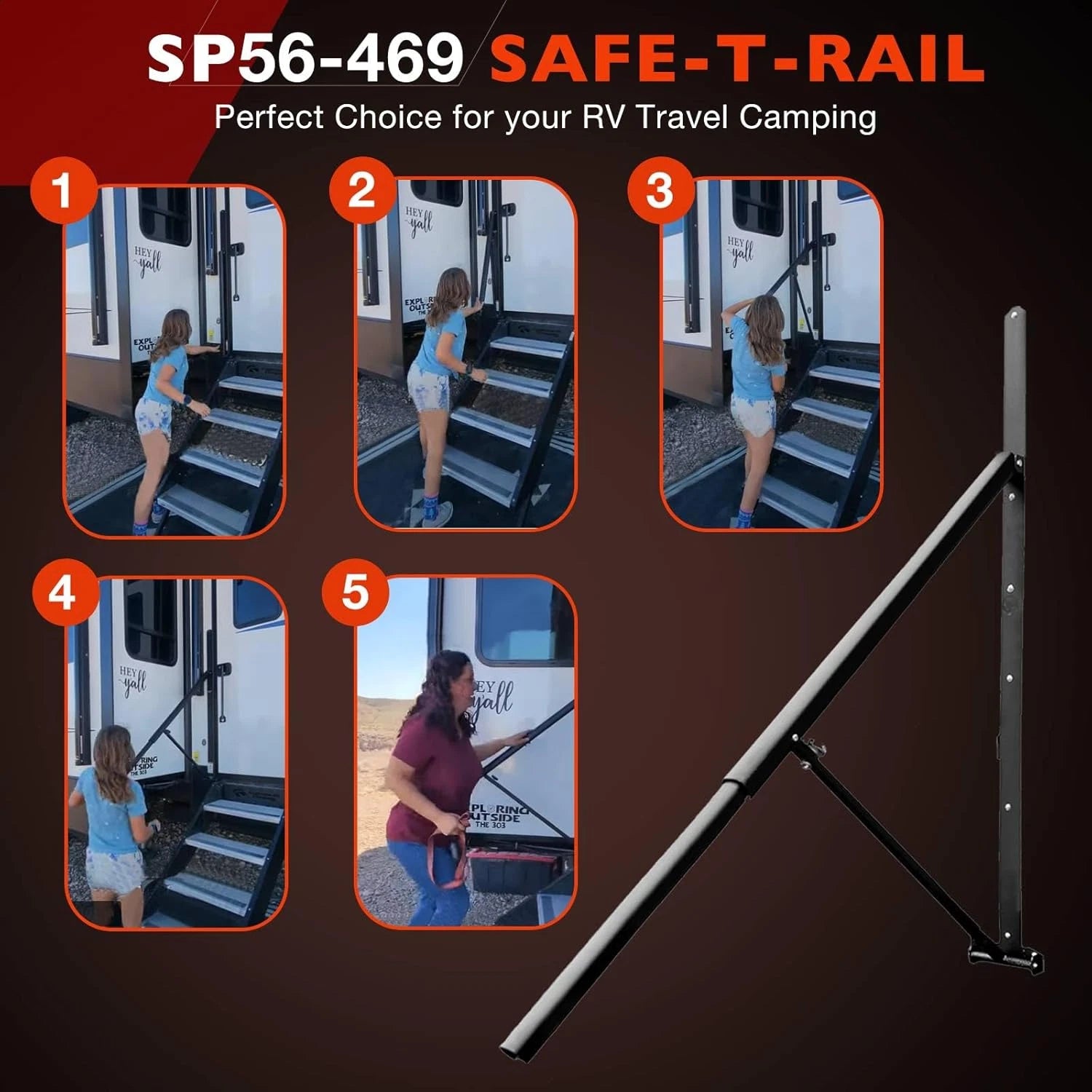 Antislip Safe-T-Rail Safety Handrail for Triple & Quad RV Steps