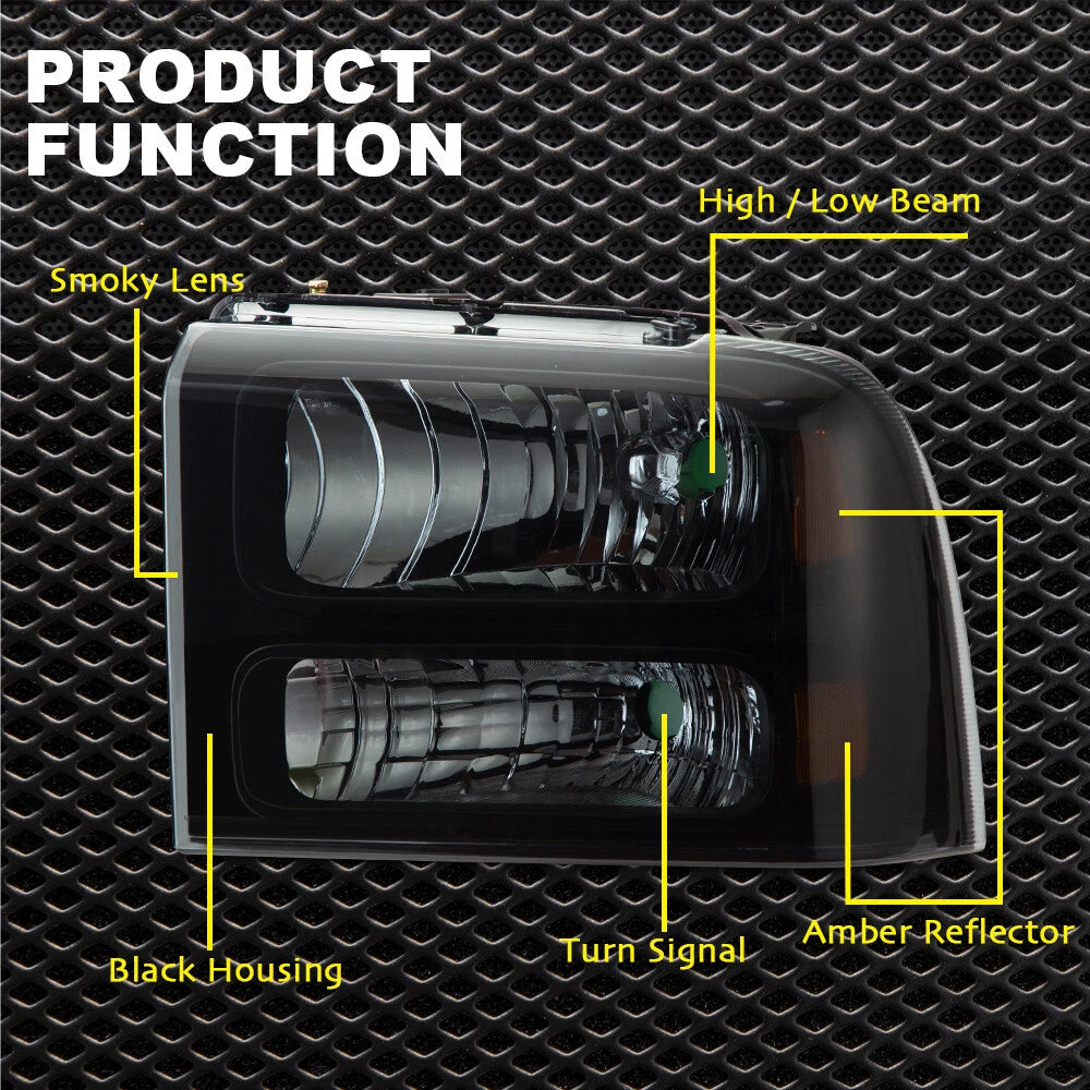 Smoke Lens Headlights for Ford F250 F350 F450 F550 Super Duty (2005–2007)