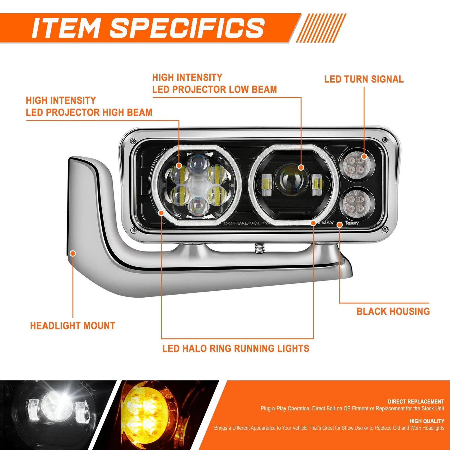 Full LED Halo Ring Projector Headlights for Peterbilt 359 379 389 (1981–2021)