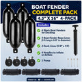 Set of 4 Boat Fenders 4.5" x 16" with 3/8" x 15' Dock Lines