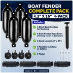 Set of 4 Boat Fenders 4.5" x 16" with 3/8" x 15' Dock Lines