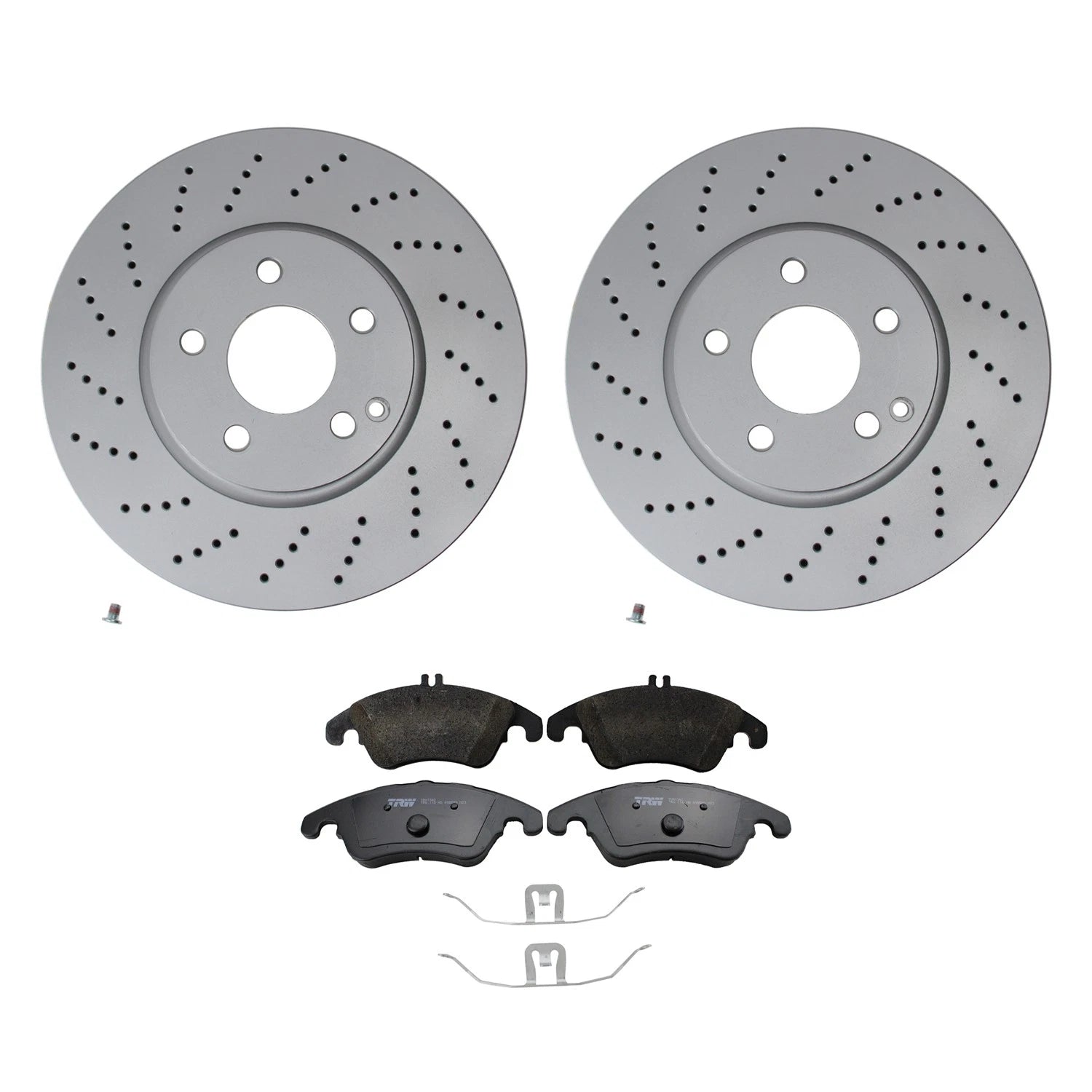 Set of 4 Hella Front Rotors & TRW Pro Low-Met Disc Brake Pads for W212 E250 W213 E400