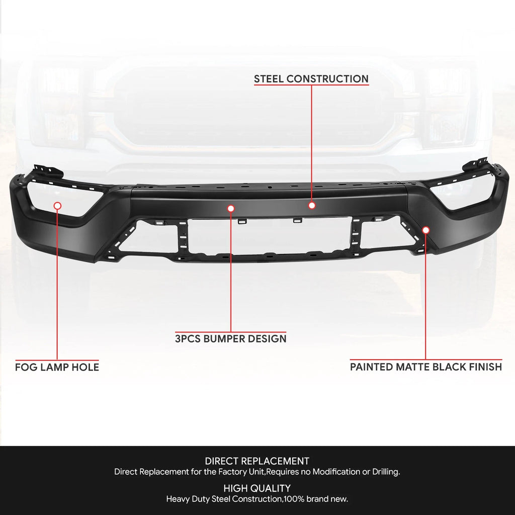 Front Bumper Face Bar for Ford F-150 (2021–2023) Black w/o Sensor Holes