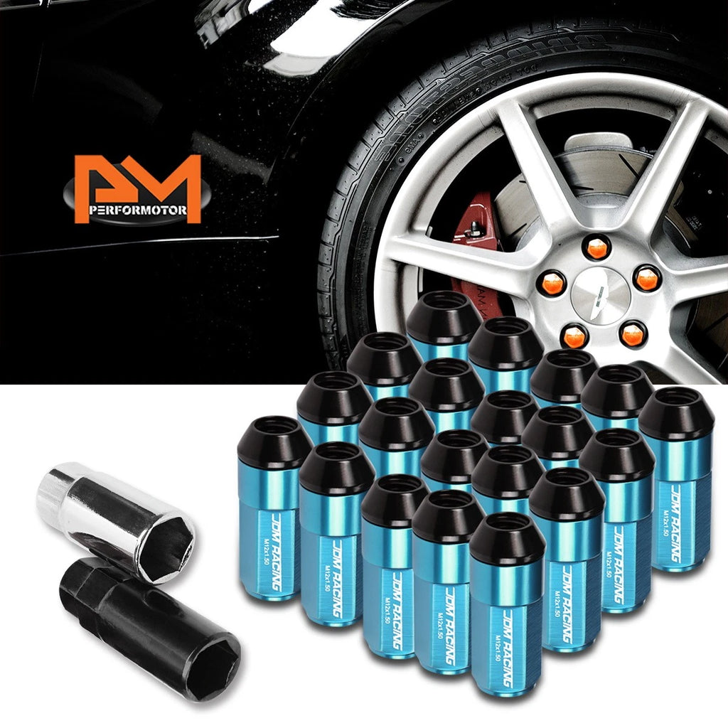 Set of 20 M12X1.5 Sky Blue JDM Cone Seat Wheel Lug Nuts with Cap & Extension