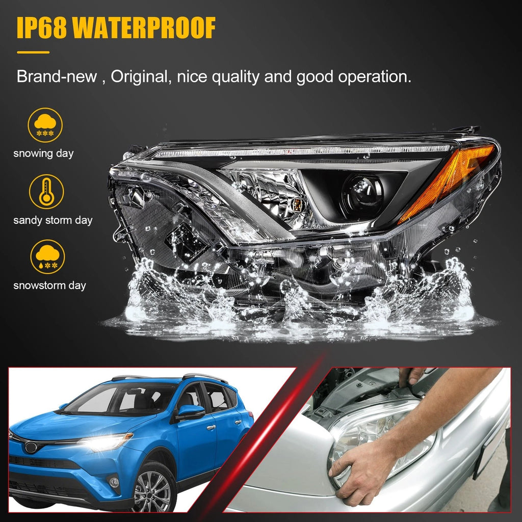 Pair Headlight Assemblies for Toyota RAV4 (2016–2018) with LED DRL Projector