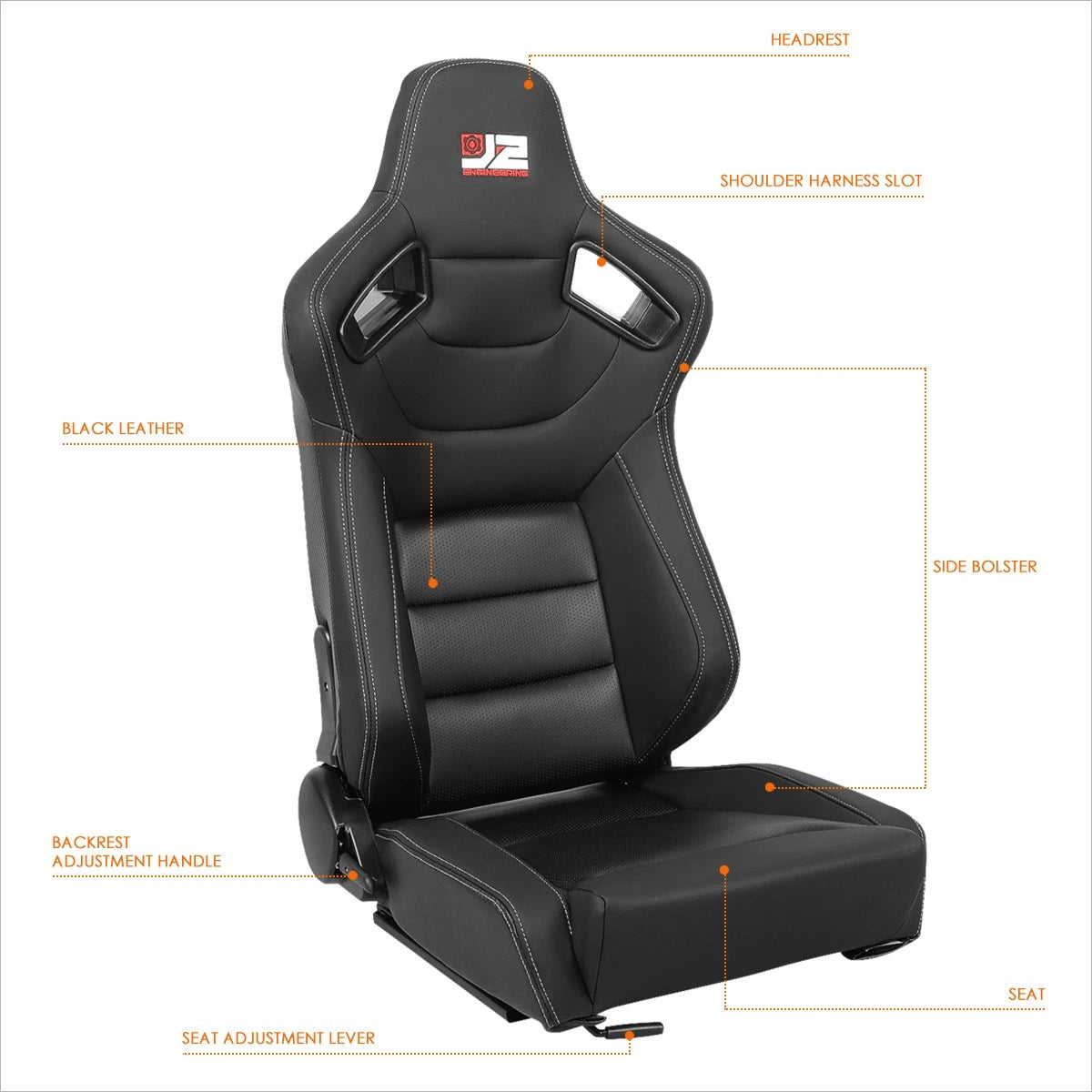 Pair of Reclinable Racing Bucket Seats for J2 Engineering (38" H x 21" W x 23" D)