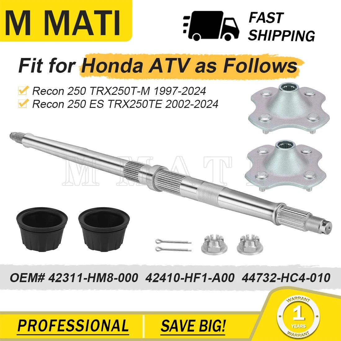 Rear Wheel Axle & Hubs & Center Caps for Honda Recon TRX250TM/TE (1997–2024)