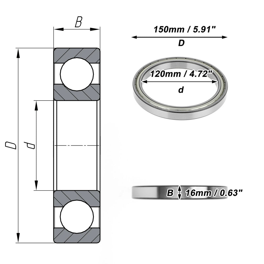 Deep Groove Ball Bearing 6824ZZ for Scooter Skateboard (120x150x16mm)