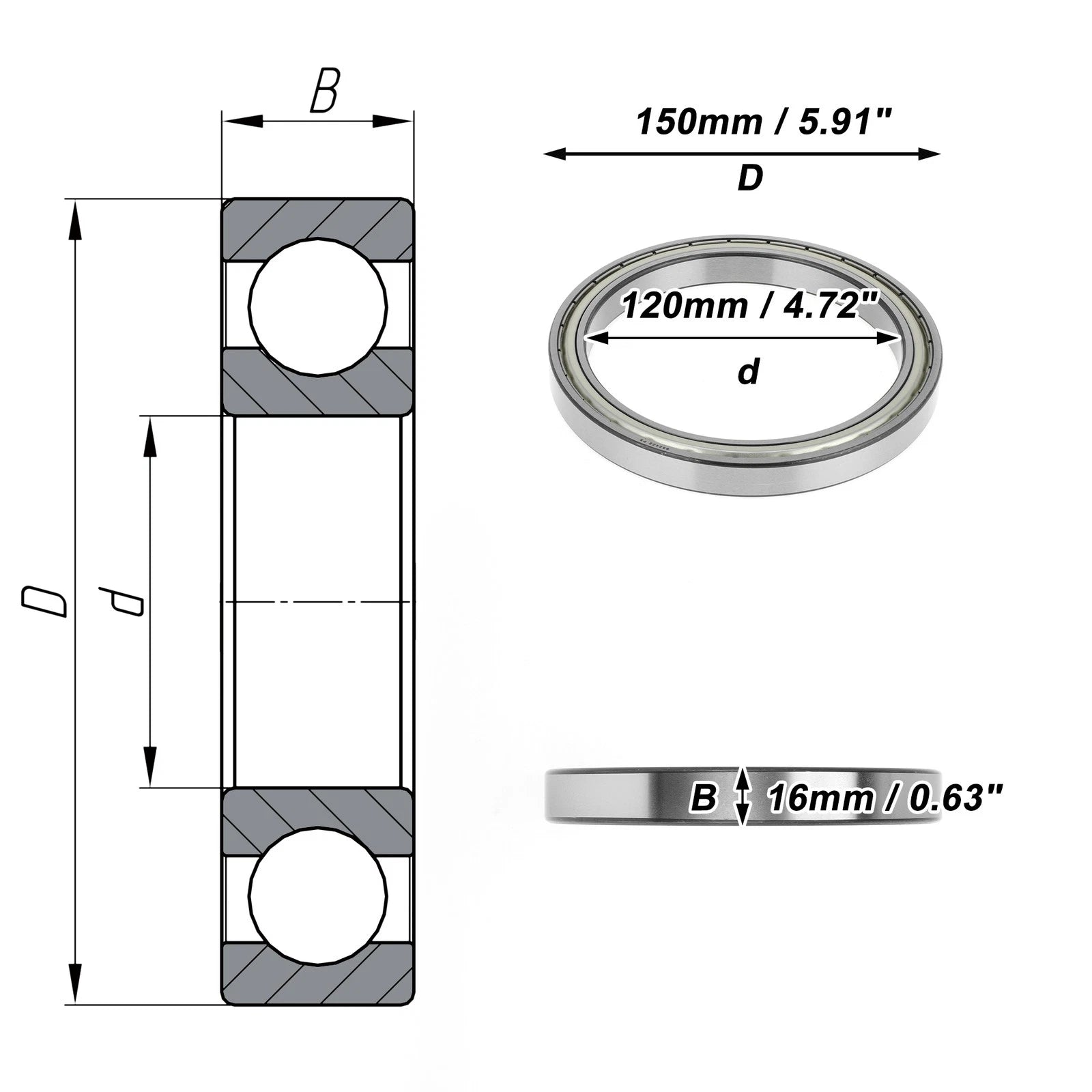 Deep Groove Ball Bearing 6824ZZ for Scooter Skateboard (120x150x16mm)