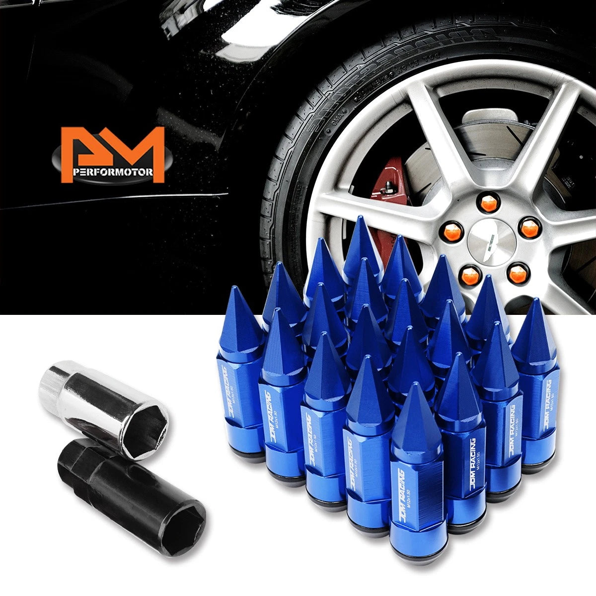 Set of 20 M12X1.5 Blue JDM Cone Spiked Cap Wheel Lug Nuts + Extension 23mmx83mm