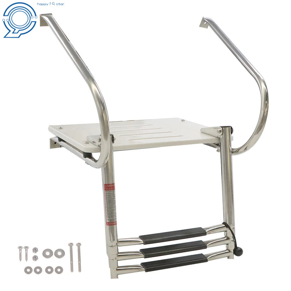 3 Step Stainless Steel Telescoping Boat Ladder with Platform and Handrails