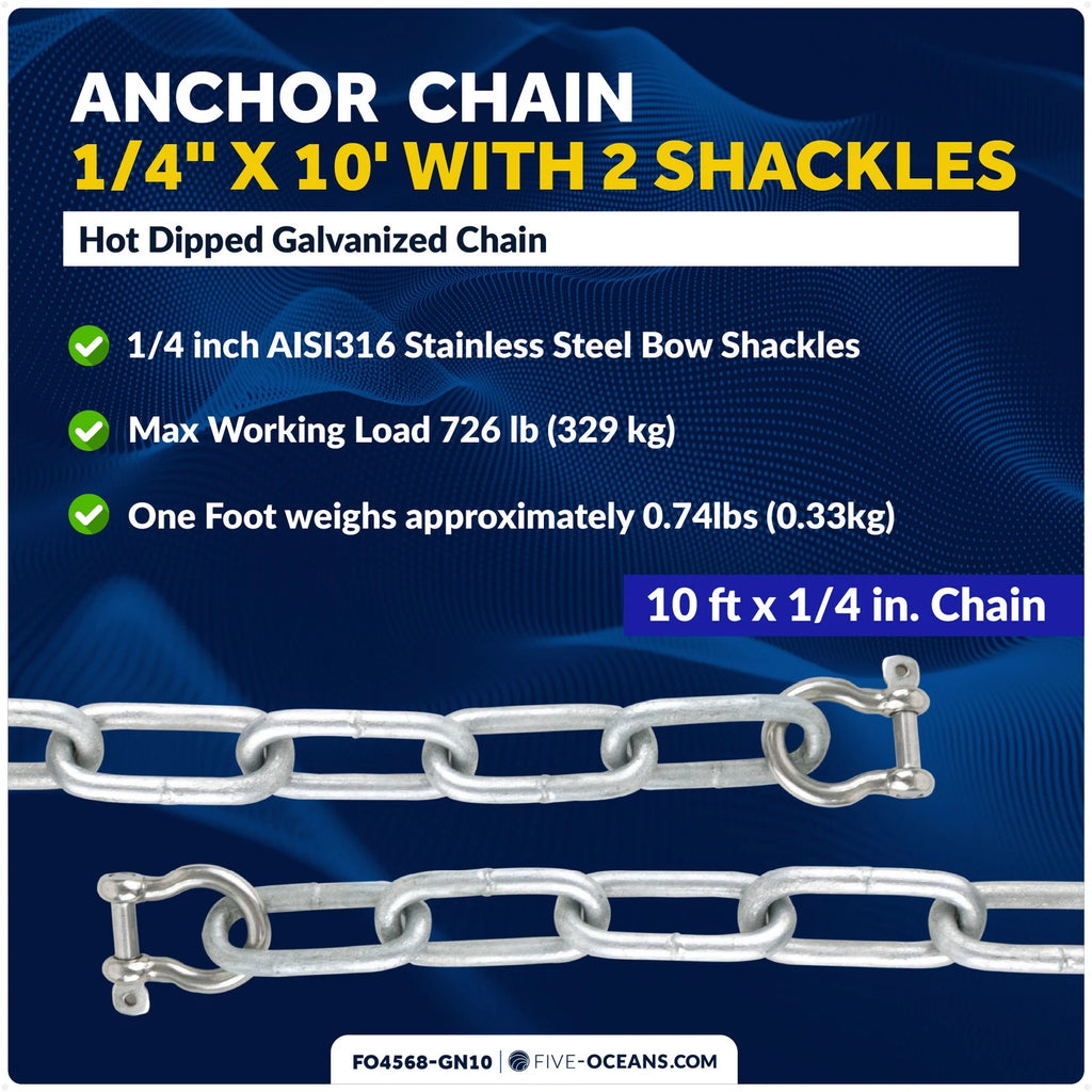 Boat Anchor Lead Chain 1/4" x 10' for Marine Use (Galvanized Steel)