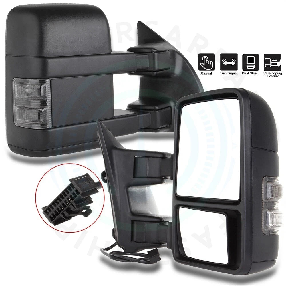 2X Smoke Signal Manual Tow Mirrors for Ford F250 F350 F450 Super Duty (1999–2016)