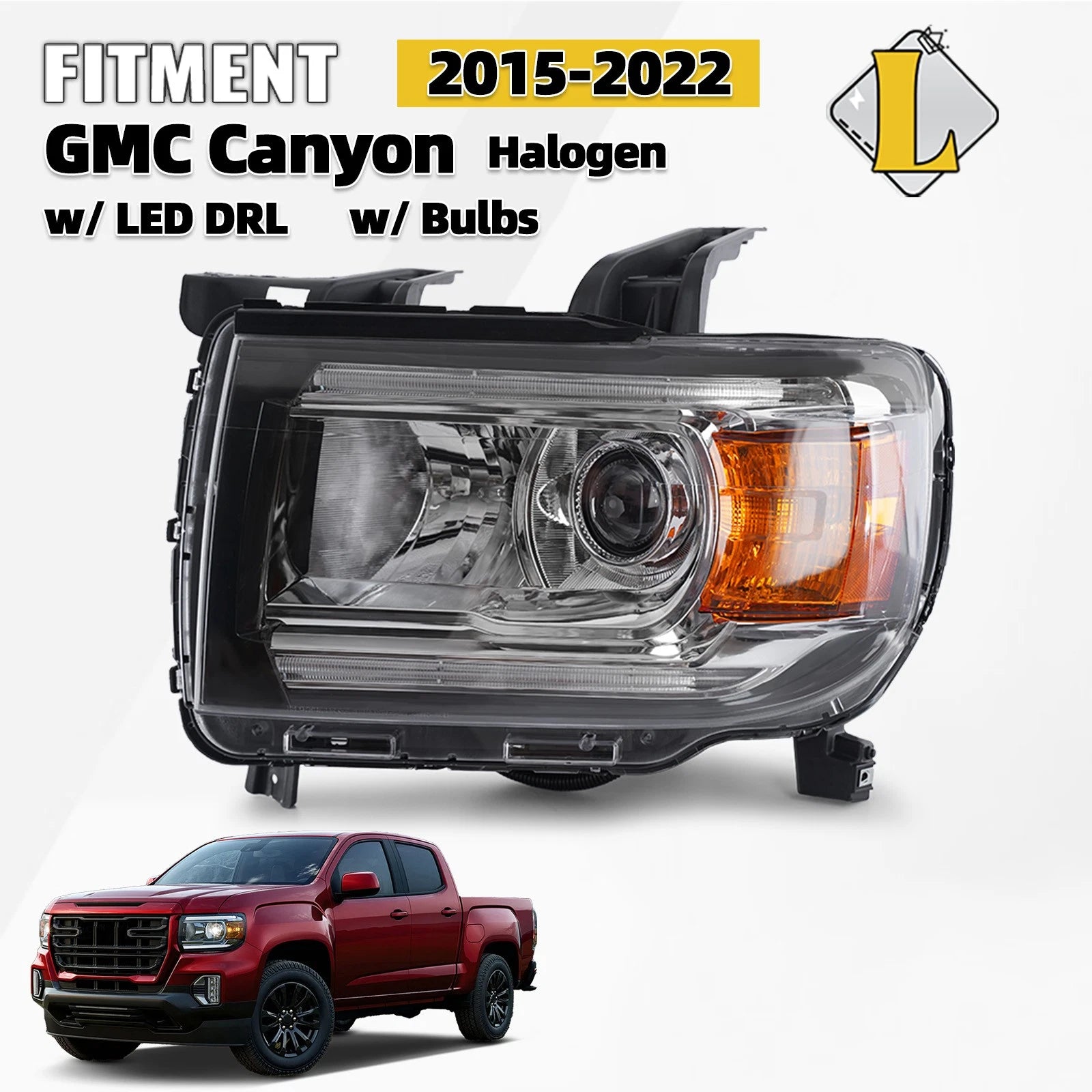 Halogen Headlight with Bulb & LED DRL Projector for GMC Canyon (2015–2022)