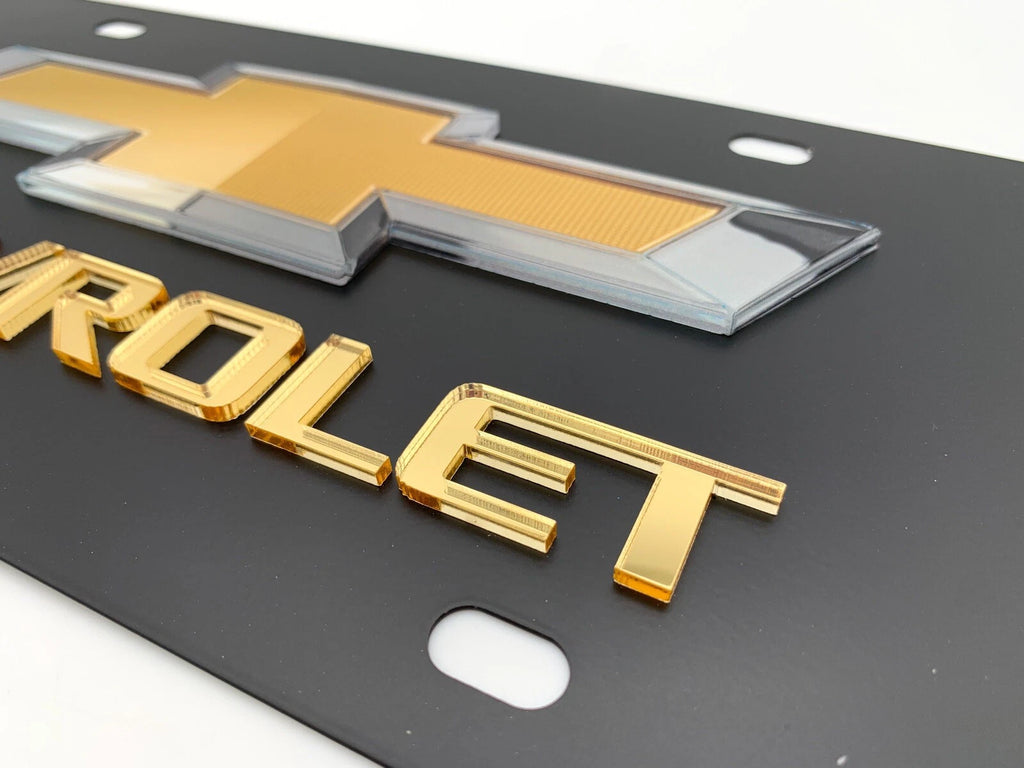 3D Premium Chevrolet Bowtie Gold Script Logo Black License Plate for Chevy (2000–2024)