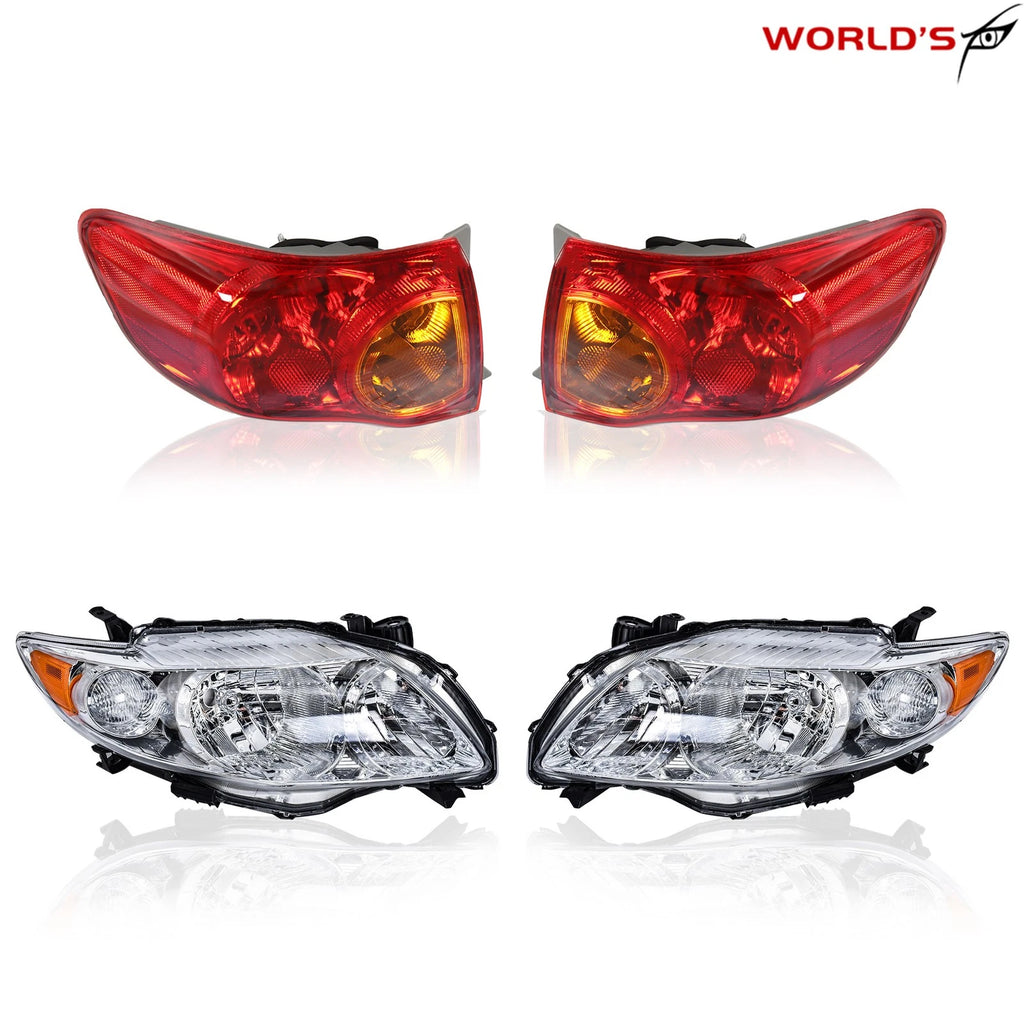 Pair of Halogen Chrome Headlights & Red Outer Tail Lights for Toyota Corolla (2009–2010)