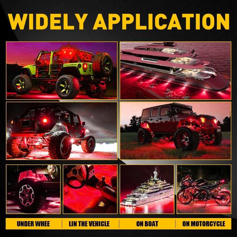Set of 8 Red LED Rock Lights for Off-Road Vehicles