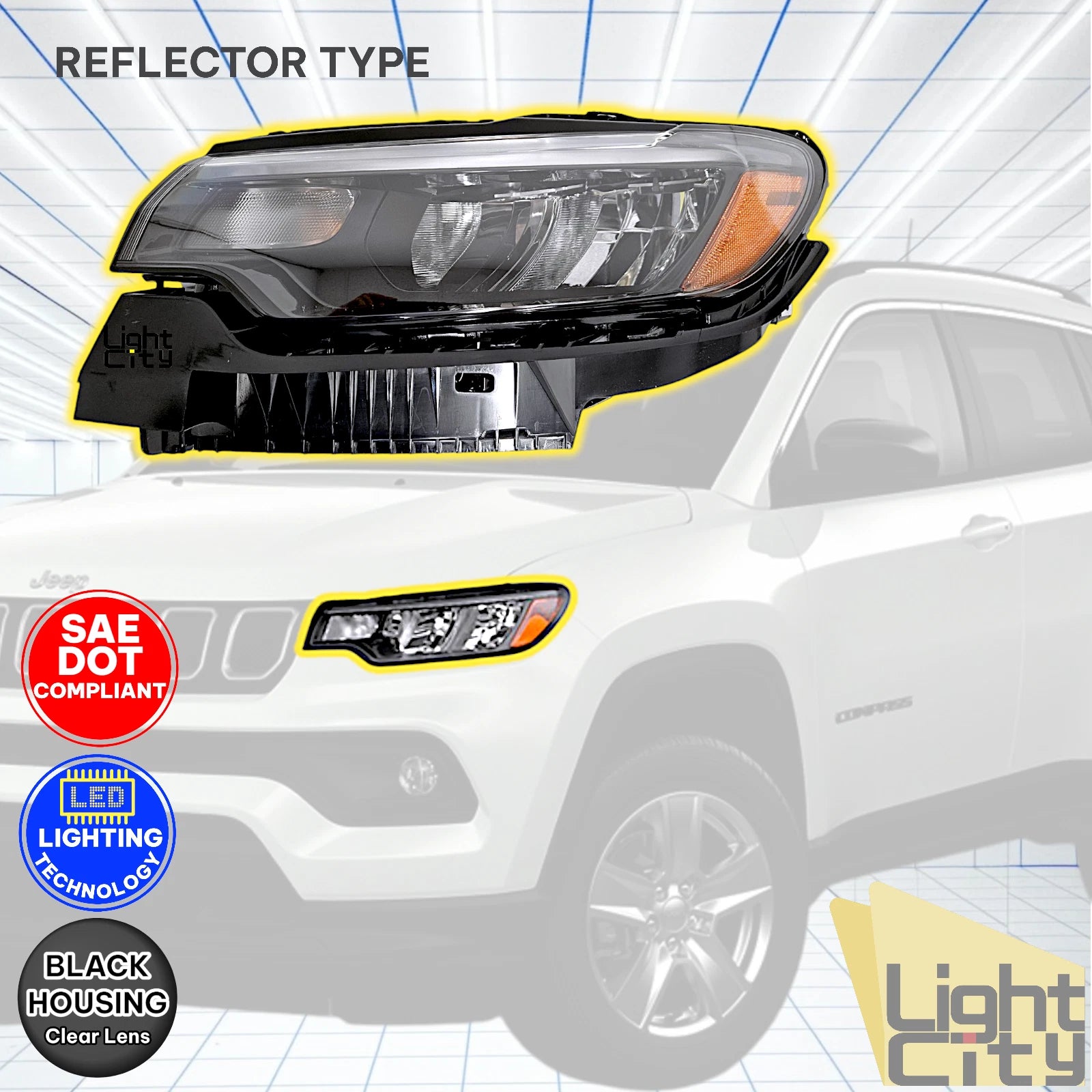 LED Reflector Headlight for Jeep Compass (2022–2026) w/o LED DRL w/ Bulb Driver
