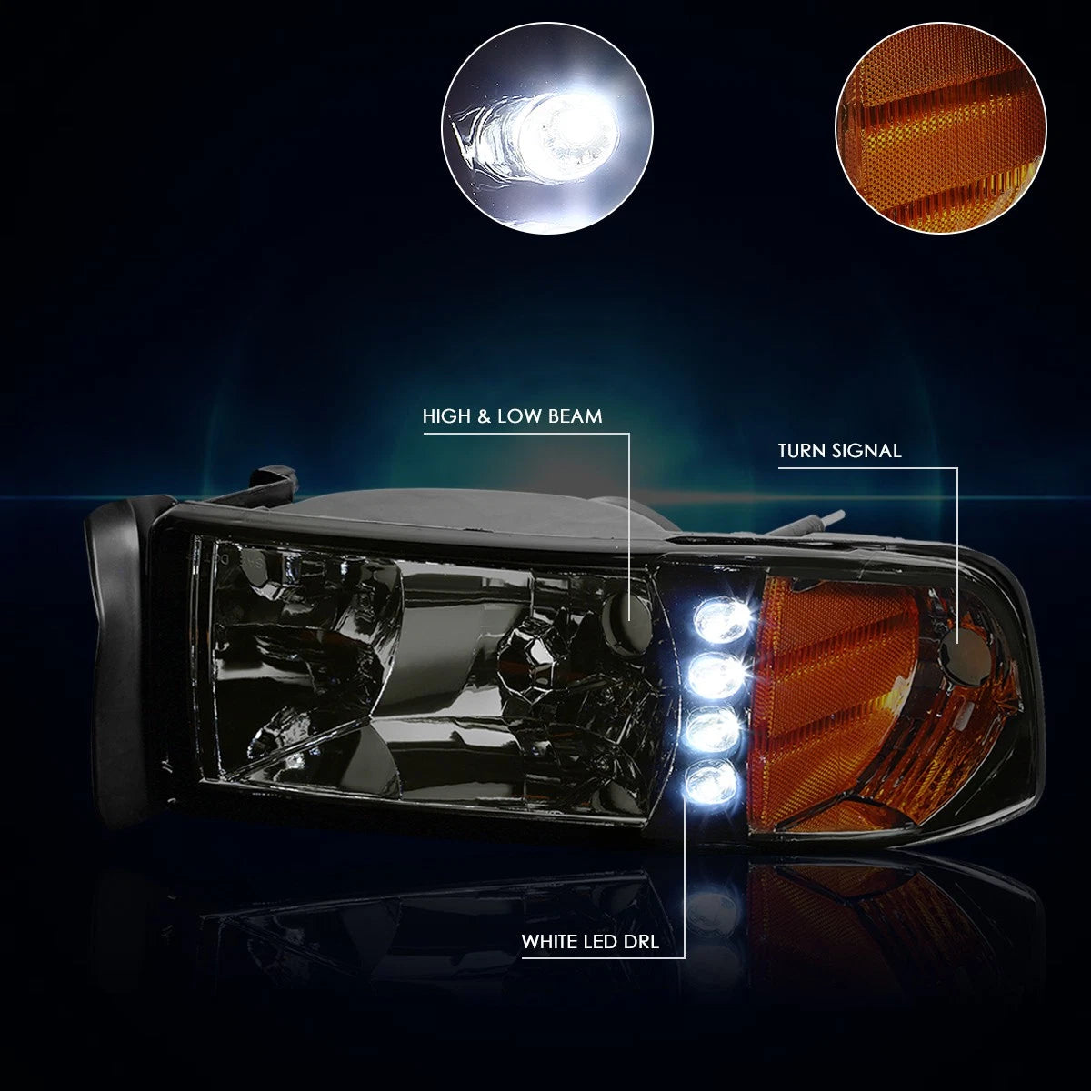 LED DRL Headlight/Lamp for Dodge Ram 1500-3500 (1994–2002) Smoked Housing Amber Corner