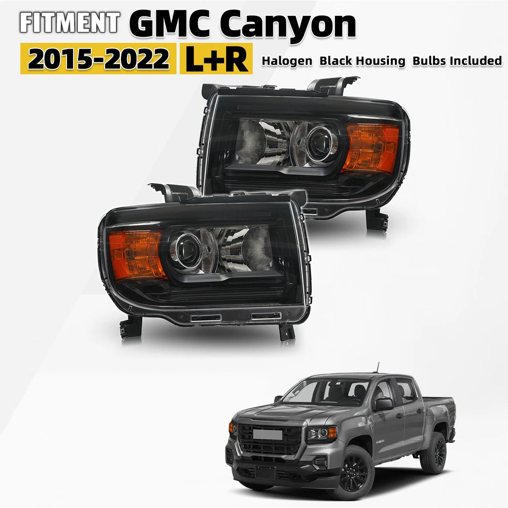 Set of 2 Halogen Headlights for GMC Canyon (2015–2022) Black Conversion W/Bulbs