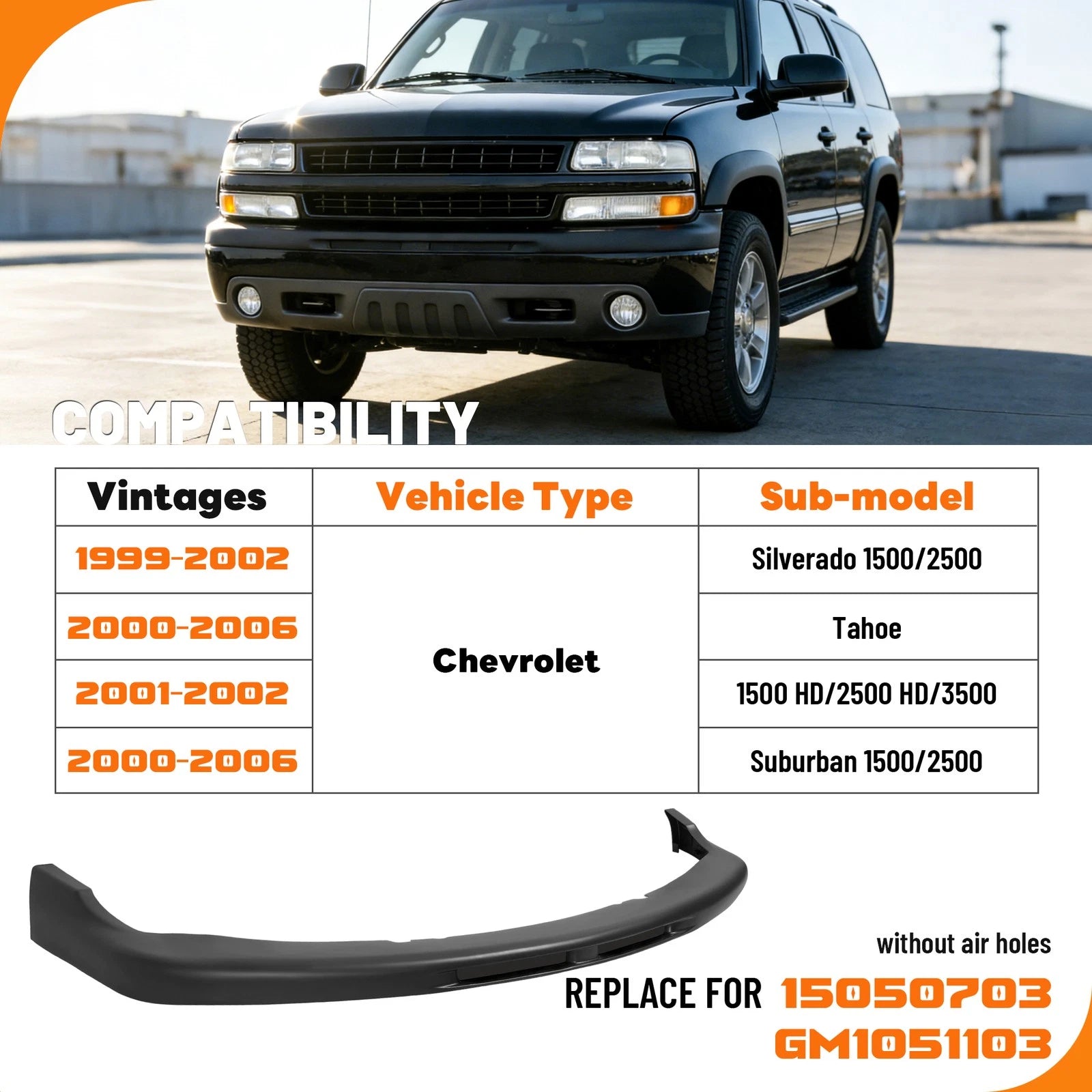 Front Upper Bumper Cover for Chevrolet Silverado 1999–2002, Suburban Tahoe 2000–2006