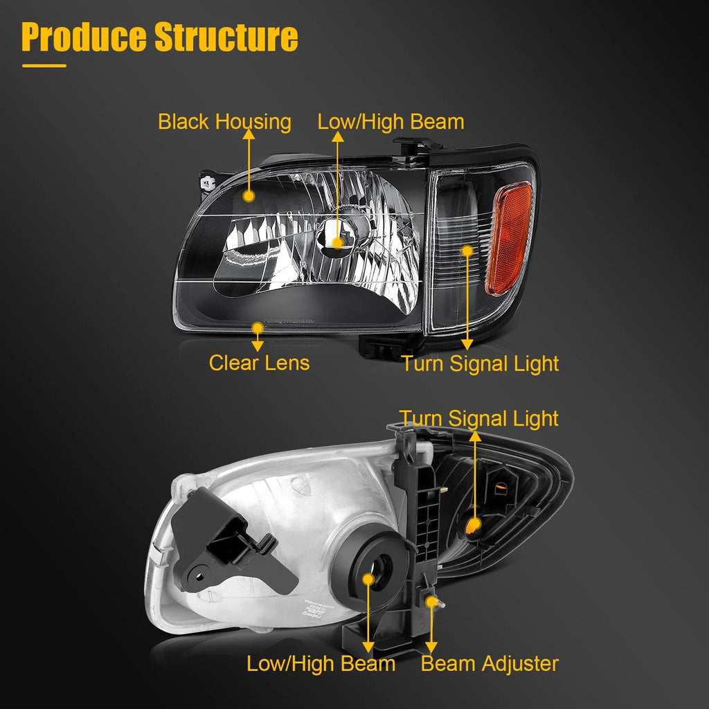 Headlight Assembly Pair for Toyota Tacoma (2001–2004) Black Housing