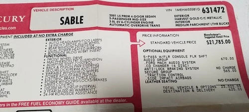 Original Dealer Window Sticker for Mercury Sable (2001)