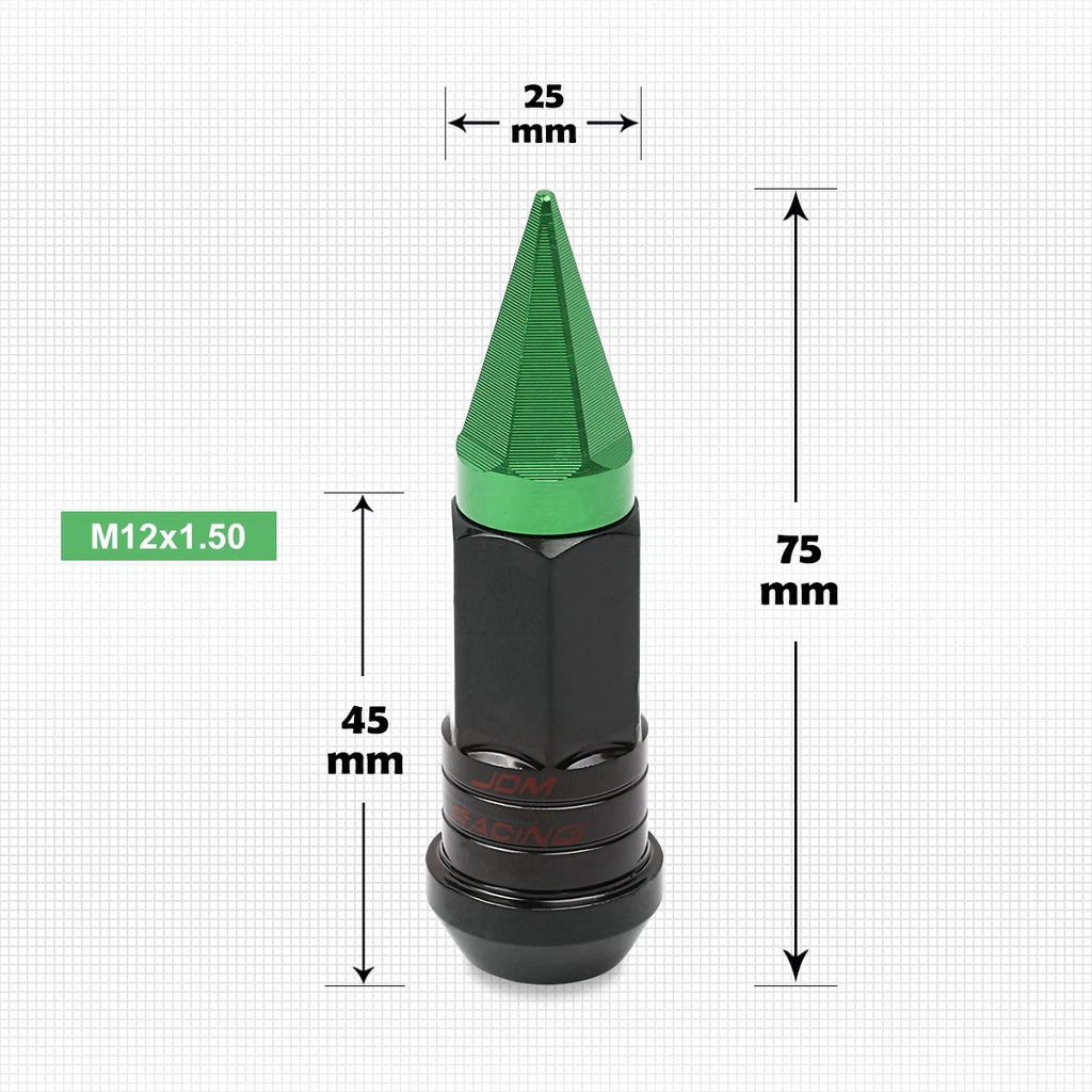 20Pc M12X1.5 Green JDM Cone Wheel Lug Nuts with Spline Lock & Spiked Cap