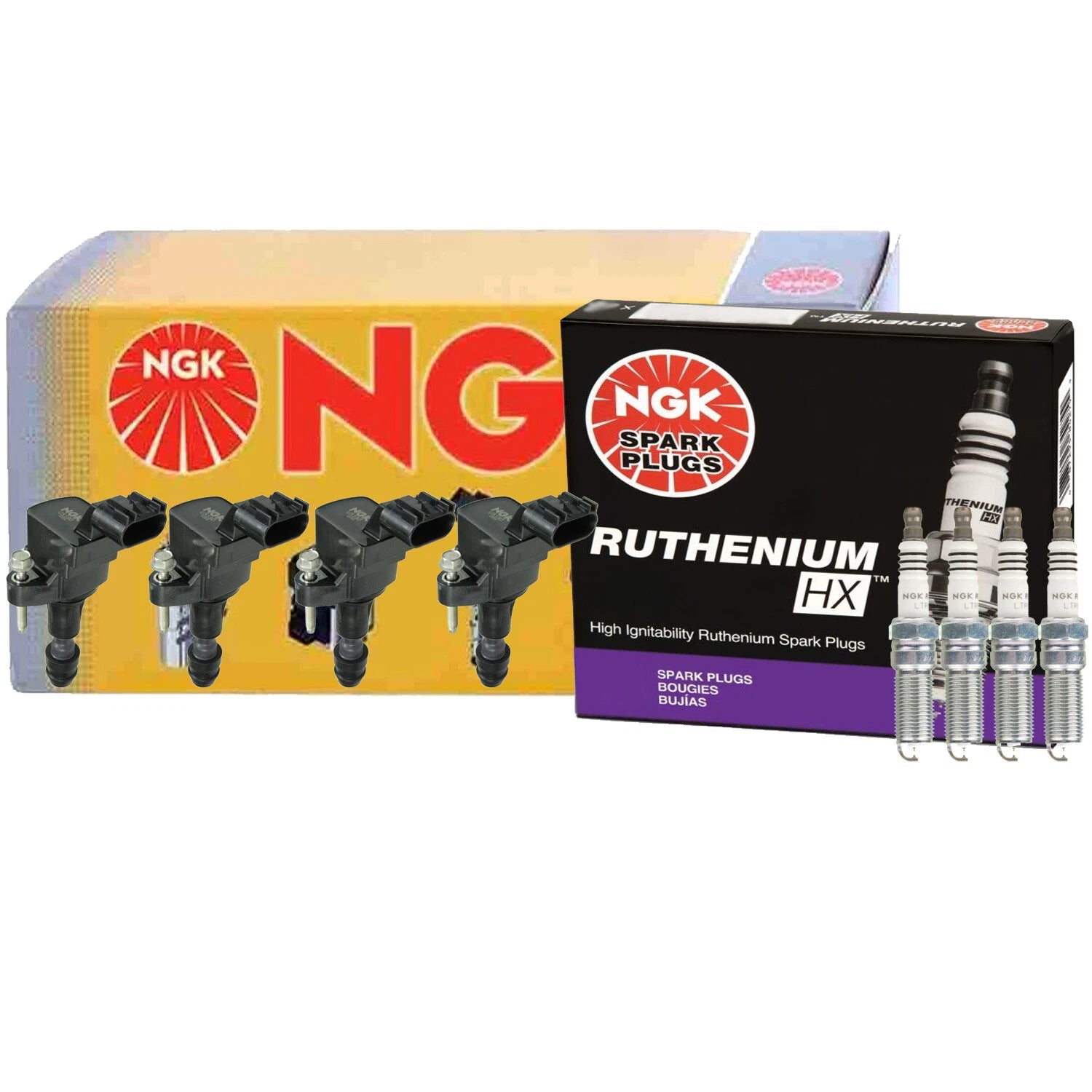 Set of 4 NGK COP Ignition Coils & 4 Ruthenium HX Spark Plugs for Buick Chevy Saturn