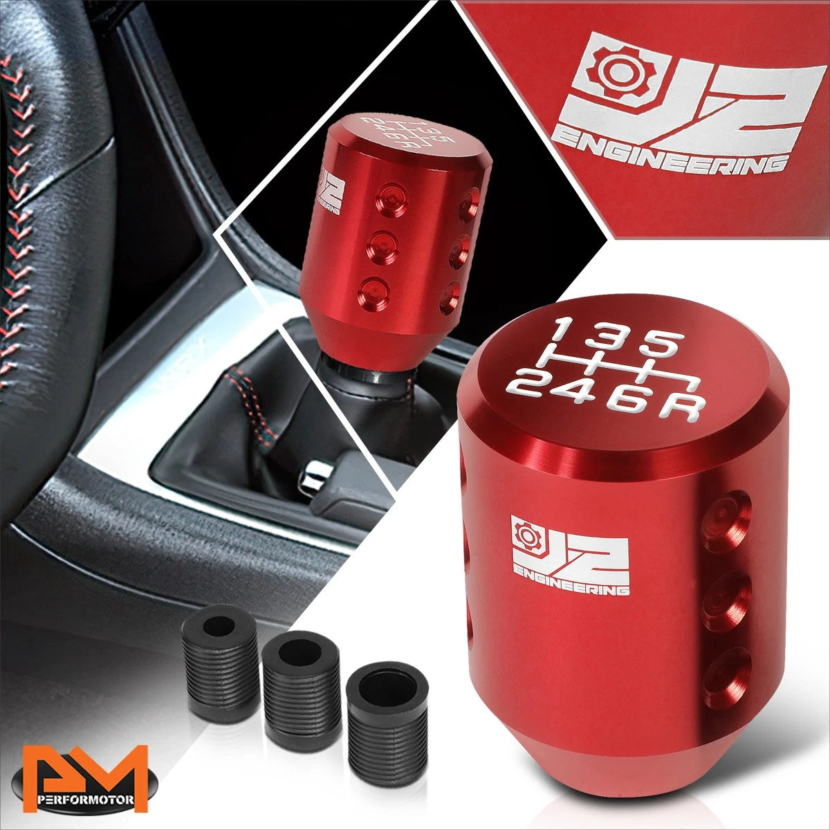 J2 6-Speed Manual Shift Knob for Universal Fit (Red, Adapters Included)