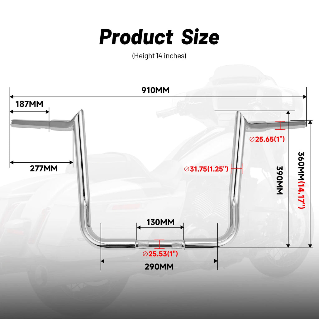 Chrome 14" Meathook Ape Hanger Handlebar 1.25'' for Harley Touring (2014–2023)