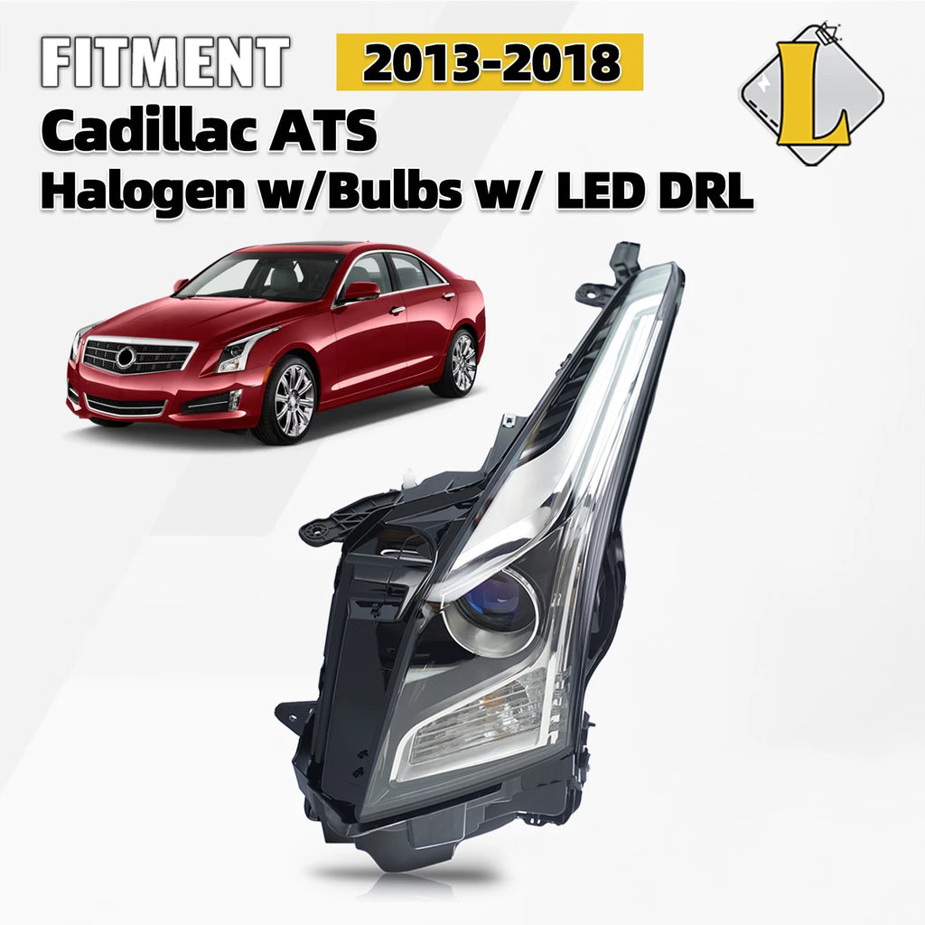 Left Halogen Headlight for Cadillac ATS (2013–2018) Chrome Housing, Bulb Included