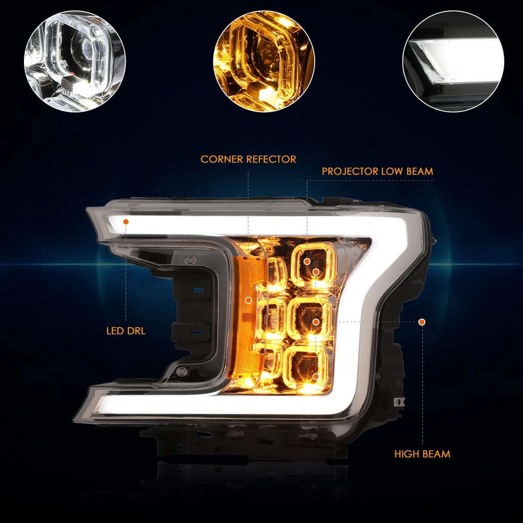 Sequential Square LED DRL Projector Headlights for Ford F150 (2018–2020)