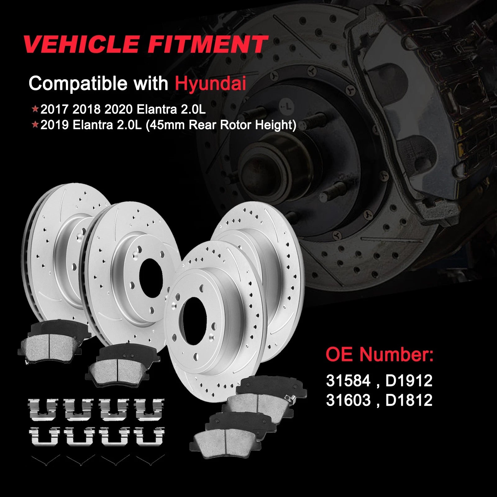Front Rear Disc Brake Rotors Pads for Hyundai Elantra (2017–2020)