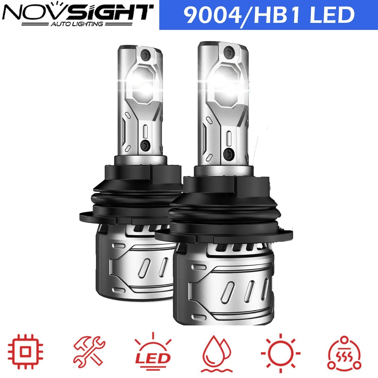 2X 9004 HB1 LED Headlight Bulbs for NOVSIGHT (Hi/Lo Beam, 6500K)