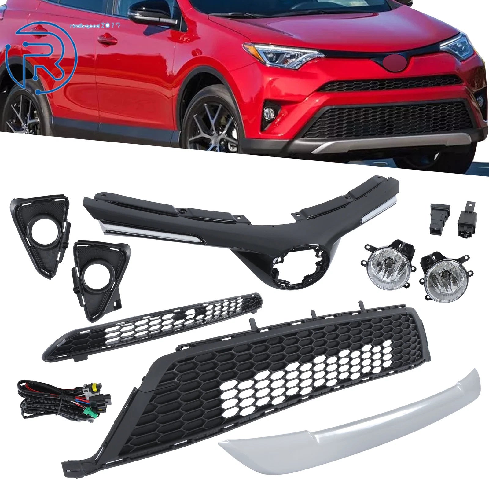 Front Grille Kit with Fog Lights for Toyota RAV4 (2016–2018) Black/Silver