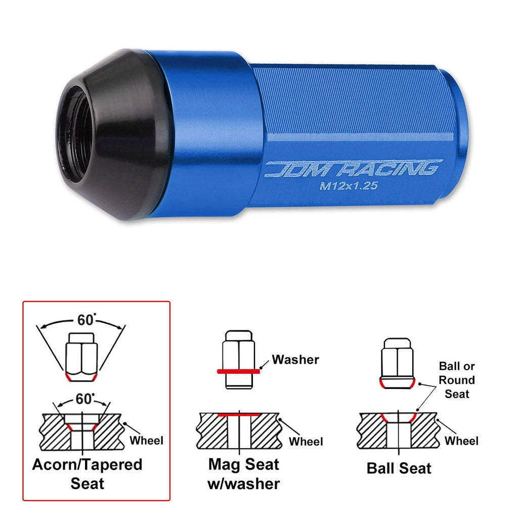 Set of 20 M12X1.25 Blue Cone Seat Hex Wheel Lug Nuts with Cap & Extension