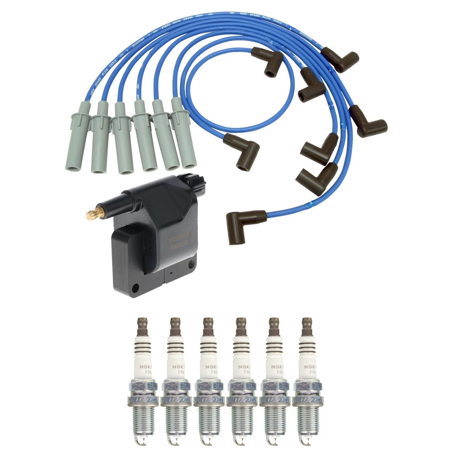 Set of 6 Hitachi Ignition Coils & NGK Ruthenium Spark Plugs for Dakota V6 (1997–2004)