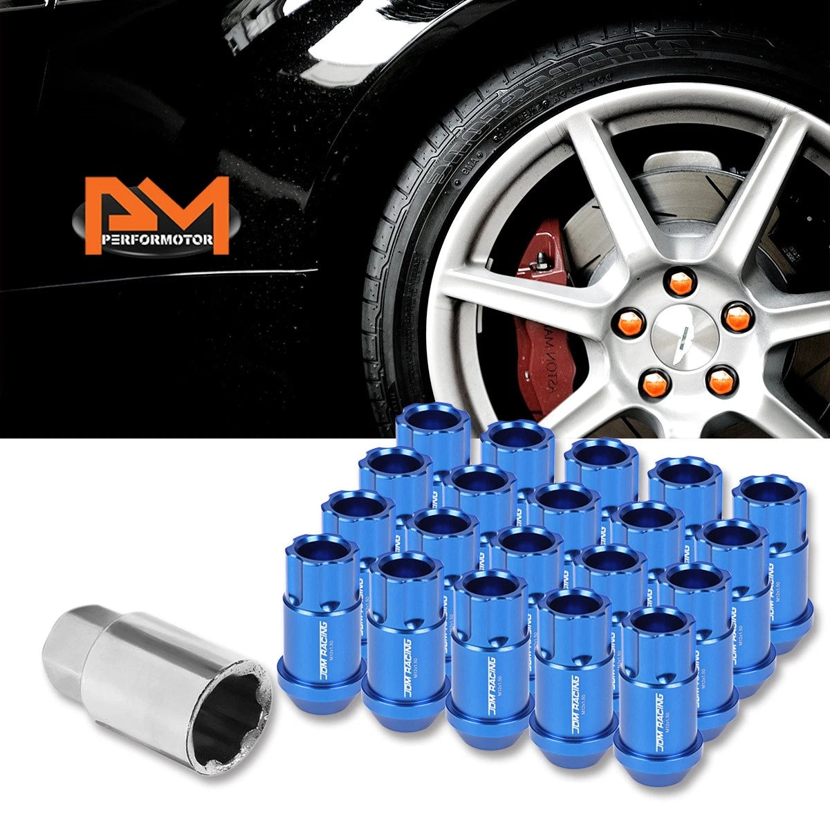 20Pc M12X1.5 Blue JDM Open End Aluminum Spline Wheel Lug Nuts + Lock Key