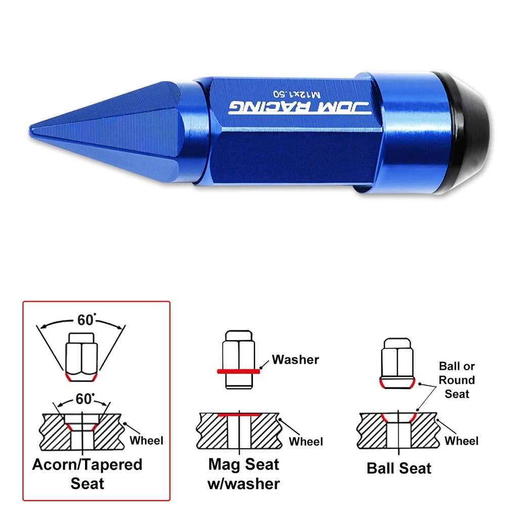 Set of 20 M12X1.5 Blue JDM Cone Spiked Cap Wheel Lug Nuts + Extension 23mmx83mm