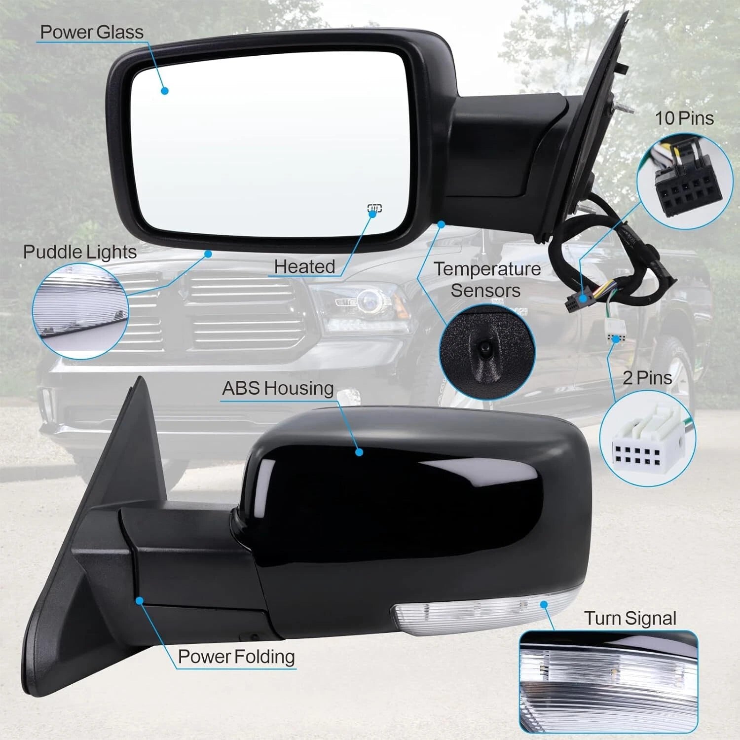 Left Driver Mirror for Dodge Ram 1500 (2013–2019) - Power Fold, Heated, Temp Sensor