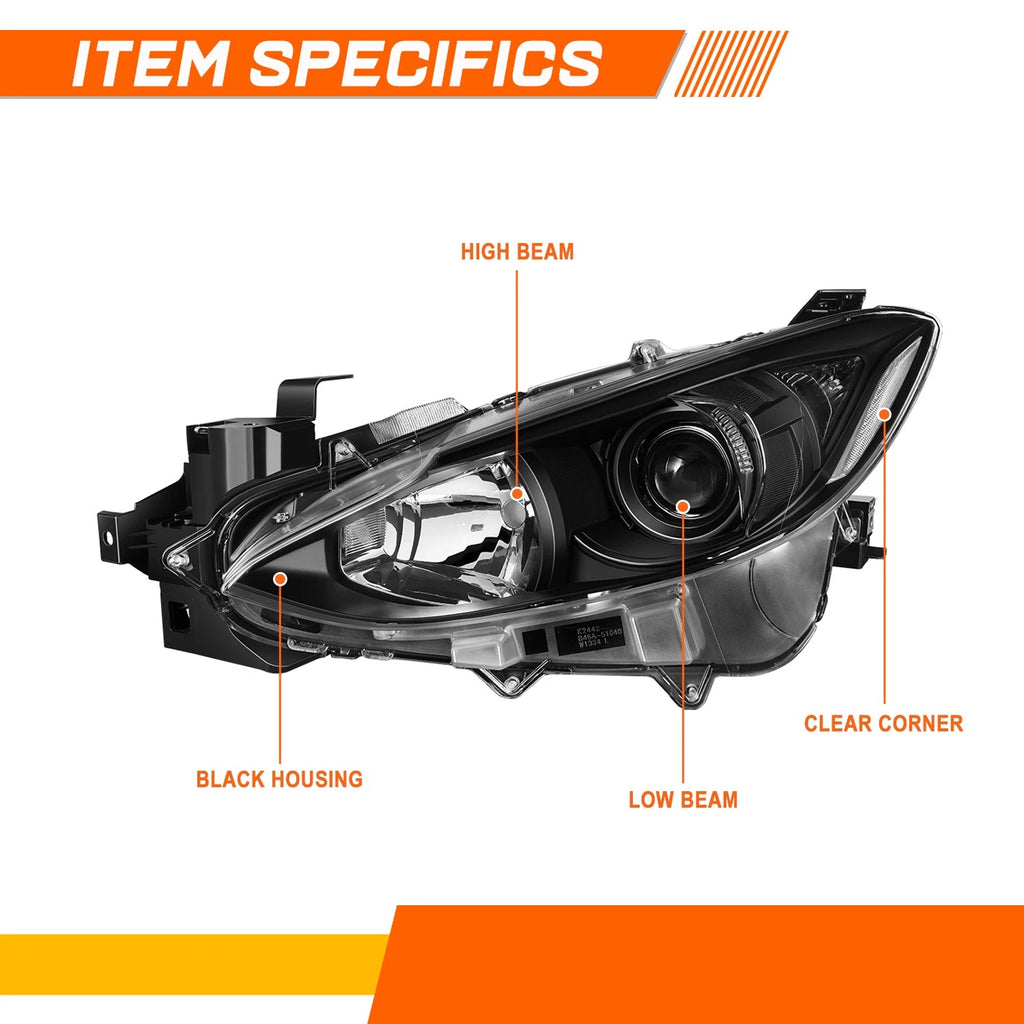Projector Headlight for Mazda 3 (2014–2016) OE Replacement Black Housing