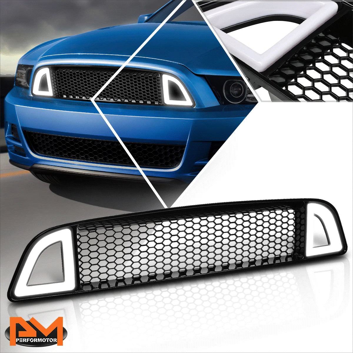 Honeycomb Front Upper Bumper Grille w/Triangle LED DRL for Ford Mustang (2018–2020)